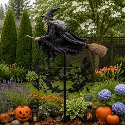 Halloween Μάγισσα Ανεμόμυλος Κήπου Μεταλλικό Πασσαλάκι με Περιστρεφόμενες Νυχτερίδες και Αστέρια Διακοσμητικός Ανεμόμυλος Εξωτερικού Χώρου