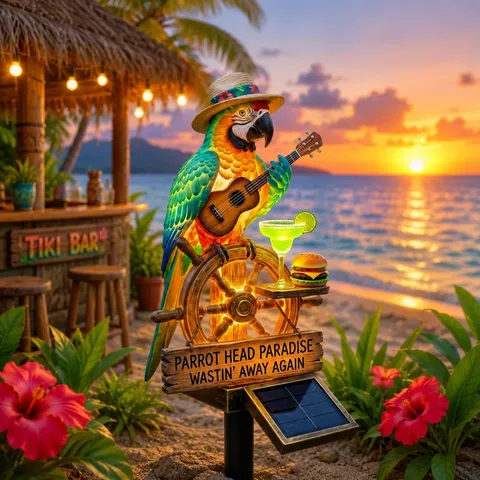 Tropical Resin Parrot Statue Guitar Animal Figurine Solar LED Garden Light For Outdoor Patio Tiki Bar Scene Party Decor Gift