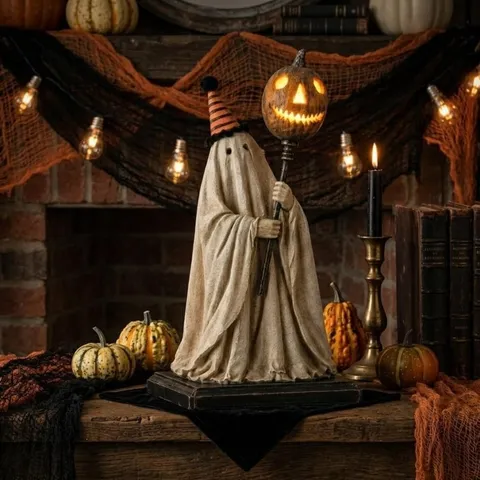 Figurine de Fantôme Vintage Lumineuse Statue de Canne Citrouille Halloween Sculpture de Table en Résine Vieillie Décoration Intérieure