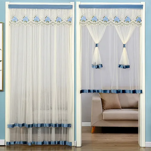 Double Layer Anti Mosquito Lace Door Curtain Punch Free Floral Embroidered Gauze Home Decor