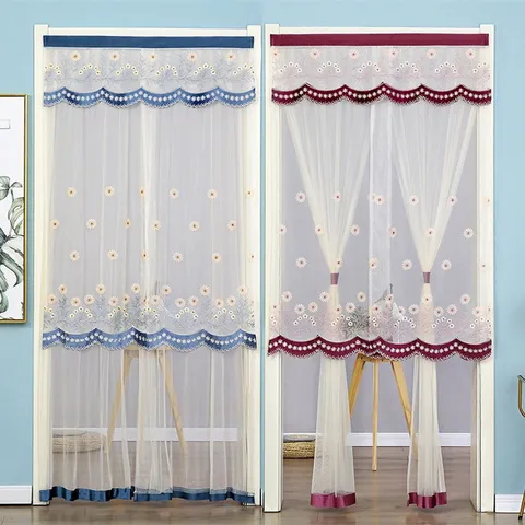 Modern Minimalist Anti-Mosquito Door Curtain Lace Mesh Floral Embroidered Bedroom Living Room Privacy Partition Curtain