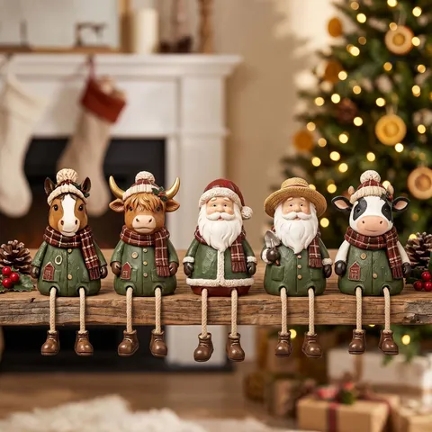 Adornos de Resina para Estante de Navidad Retro Animales de Dibujos Animados Papá Noel Piernas Colgantes Decoración Hogar Regalo