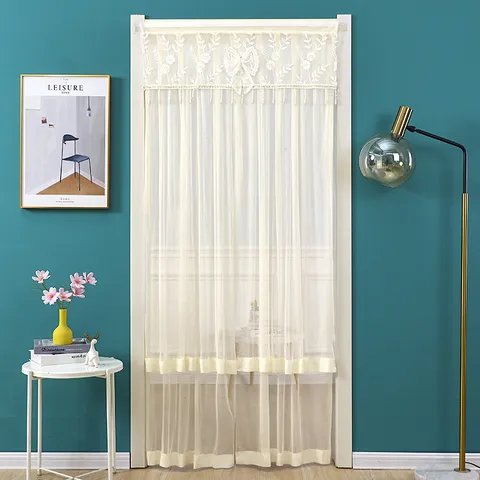 Double Layer Lace Door Curtain Floral Embroidered Bowknot Punch-Free Mosquito Proof Door Curtain For Bedroom Porch Study Home Decor