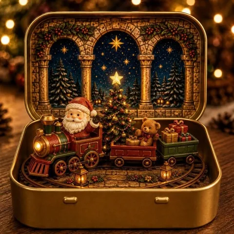 Weihnachts Miniaturlandschaft Dekoration In Gold Metallbox Kreative LED Leuchtende Weihnachtsmann Schneemann Krippe Tischschmuck Festliche Hausdeko
