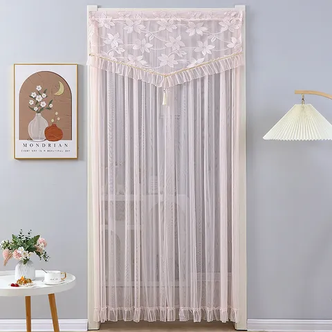 Lace Door Curtain Double Layer Mesh Floral Embroidered Ruffle Tassel Anti-Mosquito Room Divider Home Decor