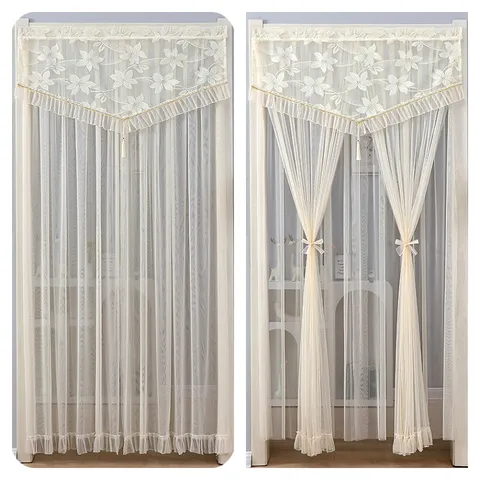 Lace Door Curtain Double Layer Mesh Floral Embroidered Ruffle Tassel Anti-Mosquito Room Divider Home Decor