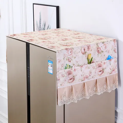 Fabric Dust Cover For Refrigerator Washing Machine And Microwave Oven With Lace Trim And Storage Pockets