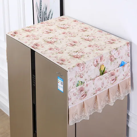 Fabric Dust Cover For Refrigerator Washing Machine And Microwave Oven With Lace Trim And Storage Pockets