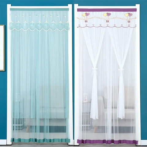 Double Layer Lace Mosquito Net Door Curtain Floral Embroidered Privacy Partition Curtain For Bedroom Kitchen