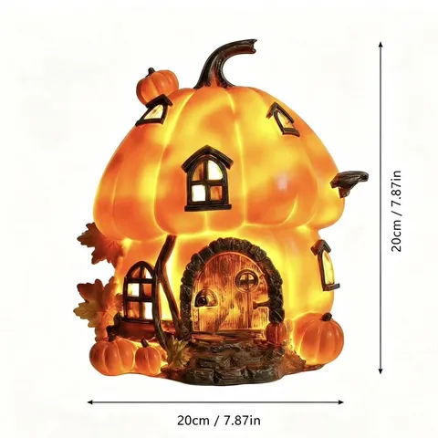 Halloween Harz Kürbishaus Ornament Mit Warmem LED Licht Herbst Ernte Tischdeko Märchenhaus Kürbis Lampe Geschenk
