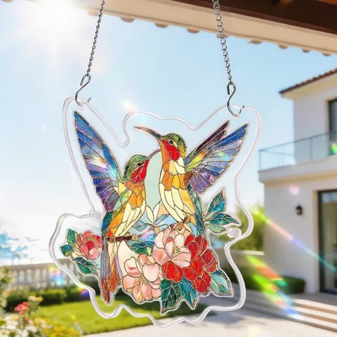 Acryl Puzzle Suncatcher Buntglas Stil Kolibri Blumen Fenster Hängedeko Haus Garten Kunst Anhänger Ornament