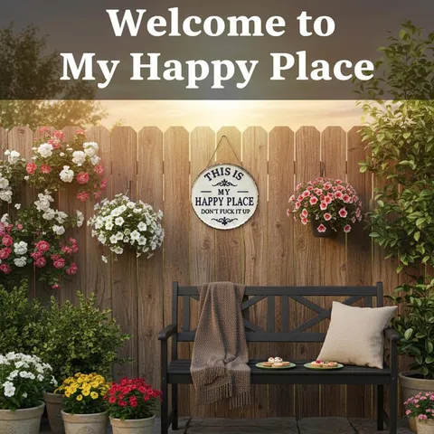 Vintage Rundes Metallschild Happy Place Retro Distressed Wanddeko Für Haus Garten Terrasse Wasserdichtes Schild