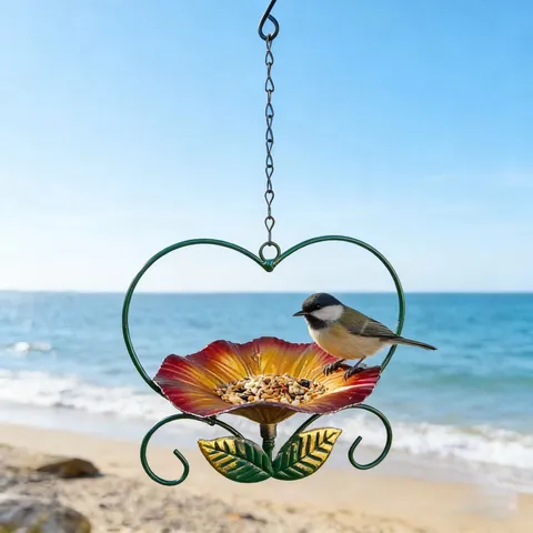 Heart-Shaped Iron Bird Feeder Outdoor Garden Decoration Hanging Metal Bird Feeder With Floral Tray And Leaf Decor Wild Bird Feeding