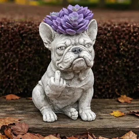 Kreativer Grumpy Französische Bulldogge Pflanztopf Grau Harz Welpe Blumentopf Lustige Mittelfinger Hund Skulptur Garten Hof Deko Ornament Statue