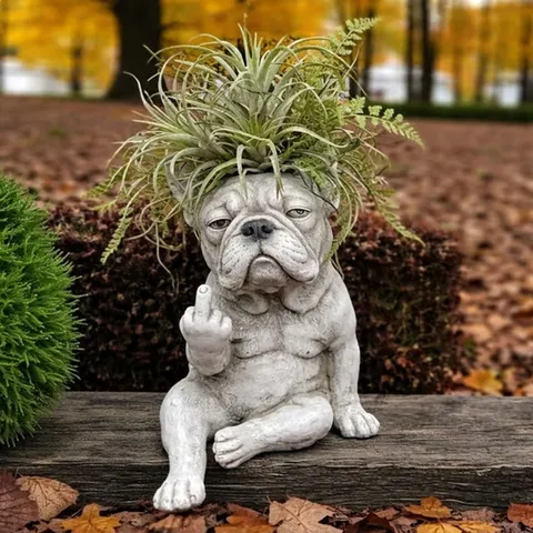 Kreativer Grumpy Französische Bulldogge Pflanztopf Grau Harz Welpe Blumentopf Lustige Mittelfinger Hund Skulptur Garten Hof Deko Ornament Statue