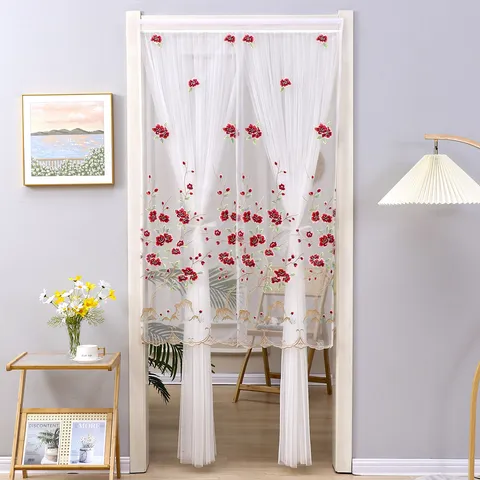 Embroidered Door Curtain Polyester Cotton Mesh Floral Partition Curtain For Bedroom Living Room Home Decor