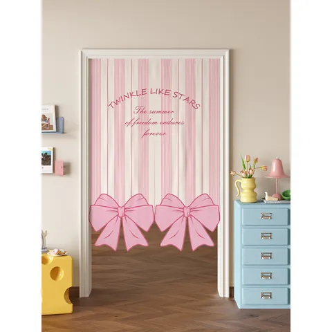 Cute Bowknot Striped Door Curtain Polyester Fabric Kids Room Partition Curtain With Telescopic Rod Home Decor