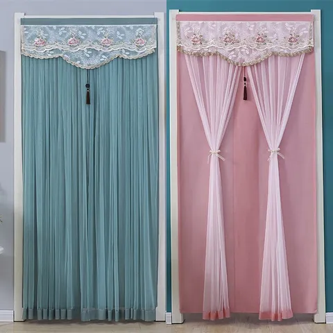 Lace Floral Double Layer Shading Door Curtain Mosquito Net With Velcro And Rod