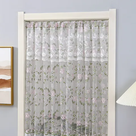Floral Embroidered Door Curtain Sheer Lace Room Divider Anti-Mosquito Window Drape For Living Room Bedroom Home Decor