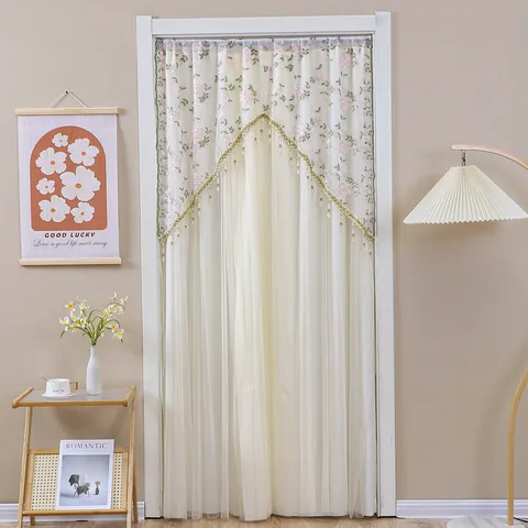 Double Layer Anti-Mosquito Door Curtain Embroidered Floral Beaded Tassel Privacy Curtain For Bedroom And Kitchen