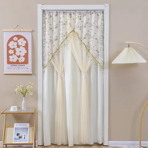 Double Layer Anti-Mosquito Door Curtain Embroidered Floral Beaded Tassel Privacy Curtain For Bedroom And Kitchen