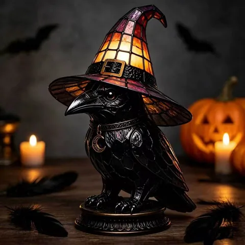 Gothisches Halloween Hexenhut Nachtlicht Harz Schwarze Katze Statue Geist Eule Rabe Schädel LED Buntglasstil Home Party Deko