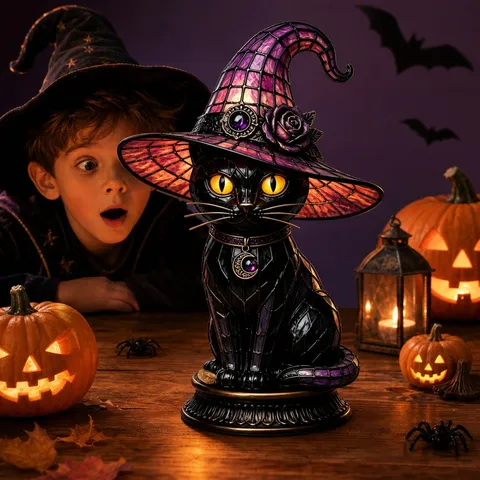 Gothisches Halloween Hexenhut Nachtlicht Harz Schwarze Katze Statue Geist Eule Rabe Schädel LED Buntglasstil Home Party Deko
