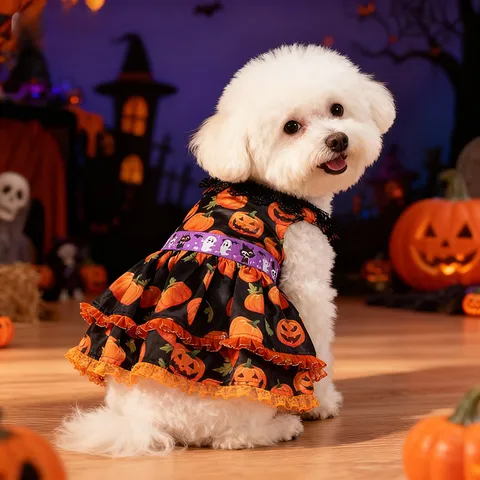 Halloween Perro Mascota Calabaza Encaje Vestido Perros Pequeños Medianos Lindo Disfraz Cachorro Chaleco Faldita Ropa Fiesta