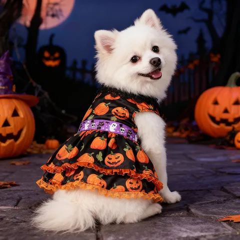Halloween Perro Mascota Calabaza Encaje Vestido Perros Pequeños Medianos Lindo Disfraz Cachorro Chaleco Faldita Ropa Fiesta