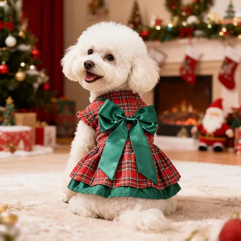 Perro de Mascota Navidad Vestido a Cuadros Poliéster Cachorro Princesa Falda Con Lazo Verde Ropa de Fiesta