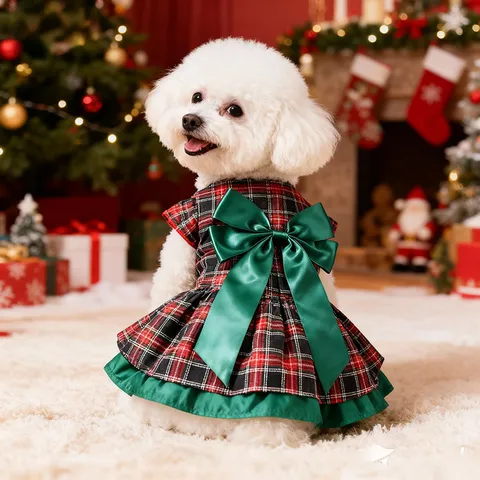 Perro de Mascota Navidad Vestido a Cuadros Poliéster Cachorro Princesa Falda Con Lazo Verde Ropa de Fiesta