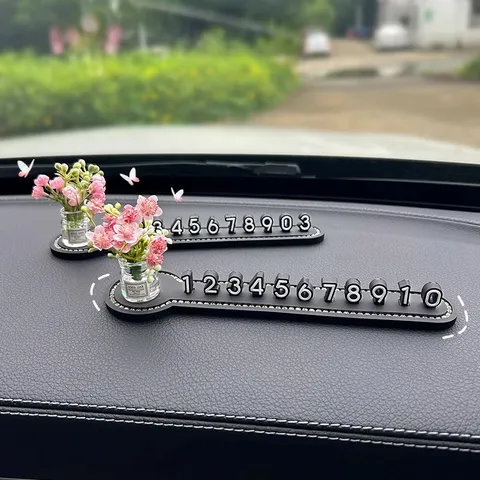 Plaque de Numéro de Stationnement Temporaire de Voiture en Strass Cristal Mignon Avec Vase de Fleurs Artificielles Carte de Parking Accessoires Intérieurs