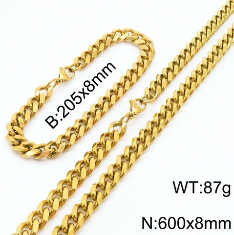 Hommes Femmes Acier Inoxydable Chaîne Cubaine Collier Bracelet Set Plaqué Or 18K Chaîne Meulée À Six Faces Bijoux De Mode Cadeau