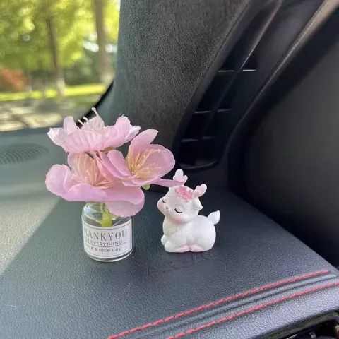 Mini Glass Vase Artificial Flower Resin Deer Car Ornament Aromatherapy Dashboard Interior Decoration Cute Desktop Decor
