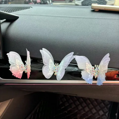 Car Air Conditioner Vent Clip Butterfly Ornament With Rhinestone Gradient Mesh Cute Car Interior Decoration Accessories