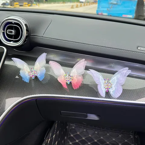 Creative Animated Embroidered Butterfly Car Air Vent Decoration Rhinestone Gradient Car Interior Ornament Accessories