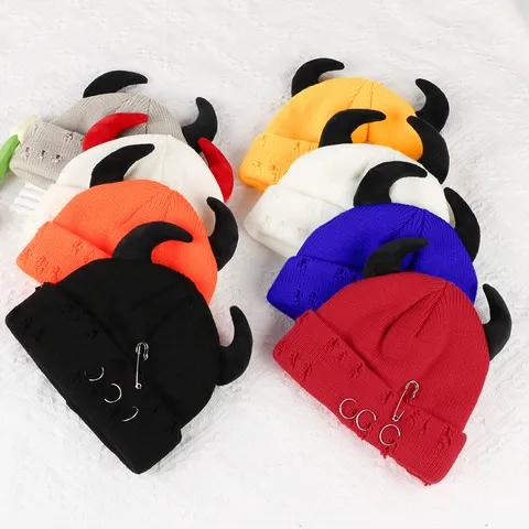 Unisex Winter Warm Knit Beanie Hat Devil Horns Metal Pins Distressed Slouchy Skull Cap Casual Outdoor Headwear