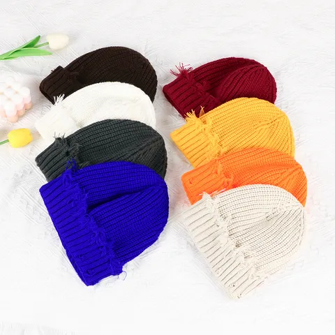 Winter Warm Strickmütze Beanie Für Damen Casual Einsteckfarbe Distressed Quaste Totenkopf Mütze Acryl Mode Kopfbedeckung