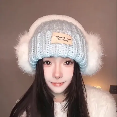 Dames Winter Warme Gebreide Muts Verdikte Oorkwarmer Beanie Casual Katoen Effen Kleur Kunstbont Oorklep Cap