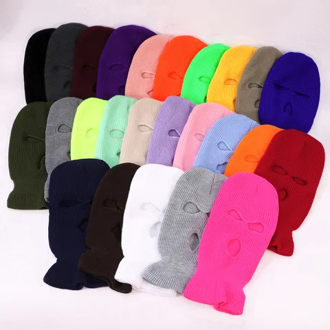 Winter Warme Sturmhaube Skimaske 3 Loch Gestrickte Vollgesicht Bedeckung Einfarbig Unisex Outdoor Sport Kaltes Wetter Acryl Mütze