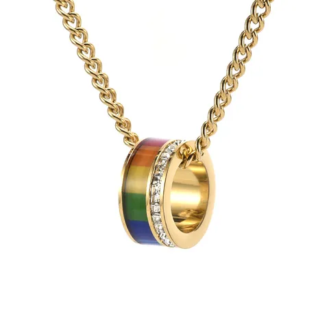 Titanium Steel Rainbow Cylinder Pendant Necklace For Couples Western Fashion Jewelry Rhinestone Inlaid Lucky Bead Necklace