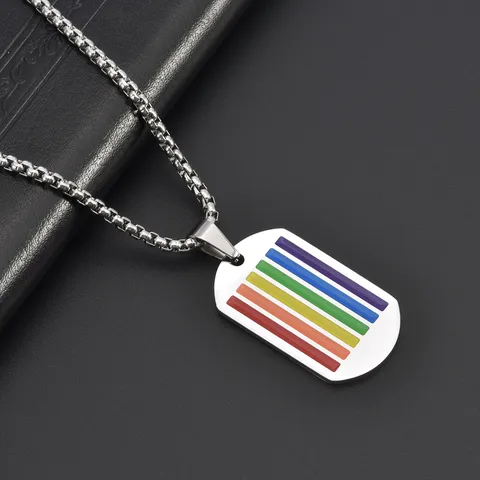 Collar de Placa de Identificación con Rayas del Arco Iris de Acero de Titanio para Hombre Mujer Streetwear Colgante Pride Pulido
