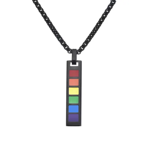 Titanium Steel Rainbow Rectangle Pendant Necklace For Men LGBTQ Pride Jewelry Long Black Silver Bar Necklace Accessory