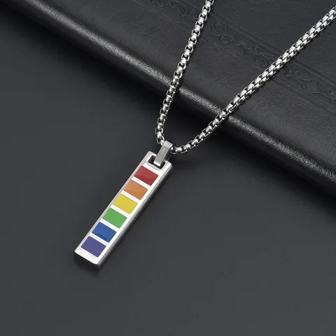 Titanium Steel Rainbow Rectangle Pendant Necklace For Men LGBTQ Pride Jewelry Long Black Silver Bar Necklace Accessory