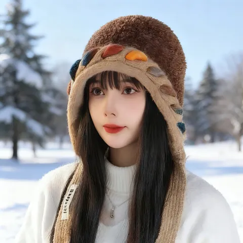 Style Japonais Coloré Tricoté Gland Peluche Bonnet Chapeau Coton Chaud Hiver Décontracté Pullover Casquette Pour Femmes