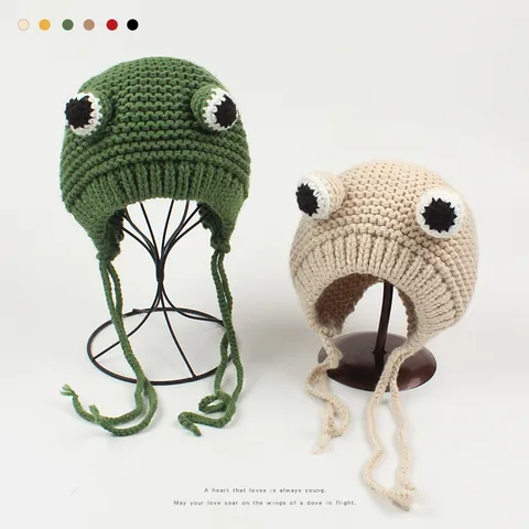 Lindo Gorro de Punto de Rana para Mujer Otoño Invierno Cálido Orejeras Ganchillo Novedad Animal Calavera Gorra Lindo Moda Sombreros