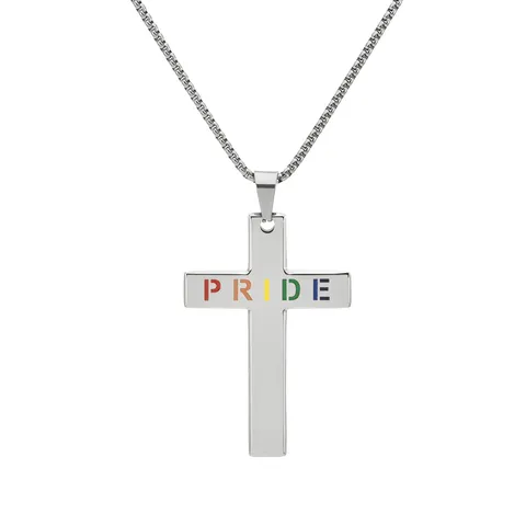 Collar con Colgante de Cruz de Arcoíris de Orgullo de Acero de Titanio para Hombres y Mujeres Joyería de Cruz con Letras Huecas Oro Plata Negro