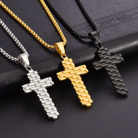 Minimalist Stainless Steel Cross Pendant Necklace For Men Punk Streetwear Ribbed Texture Gold Silver Black Jewelry Necklace