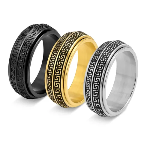 Men Titanium Steel Spinner Ring Greek Key Great Wall Pattern Rotatable Stress Relief Band Ring Fashion Cool Jewelry Gift