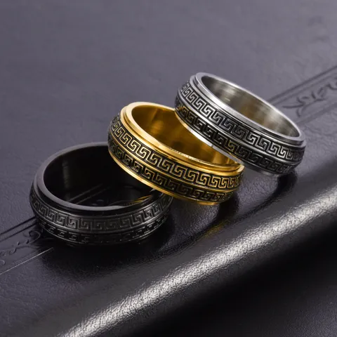 Men Titanium Steel Spinner Ring Greek Key Great Wall Pattern Rotatable Stress Relief Band Ring Fashion Cool Jewelry Gift